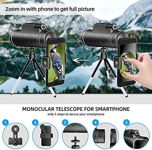 Image of Cezo 40X60 Magnification Zoom HD Monocular Telescope with Smartphone Mount and Tripod, Bi-Focal Monocular Telescope for Adults and childeren with FMC Coating, Built-in Compass and BAK4 Prism,for Bird
