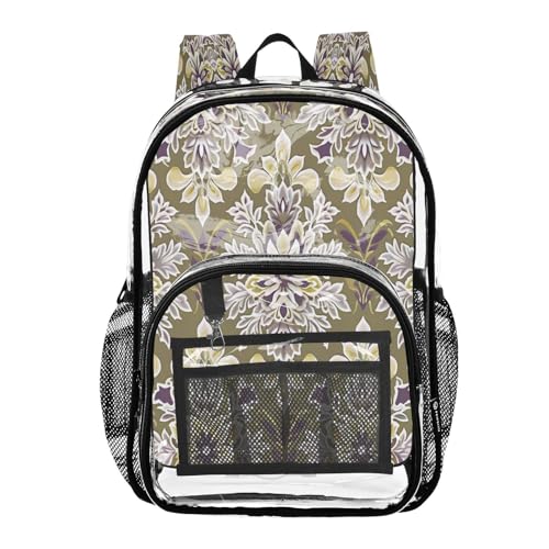 Olive Green Floral Clear Backpack, Heavy Duty PVC Transparent Backpack, Multiple Pockets See Through Backpacks for Work, College, Travel