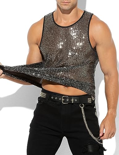 Arjen Kroos Men's Sequin Tank Top Sparkly Metallic Sleeveless T Shirt Party Top3