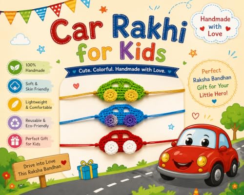 Image of Handmade Crochet Car Rakhi for Kids | Pack of 3 | Soft Cotton Yarn | Adjustable Thread | Skin Friendly | Reusable Bracelet for Raksha Bandhan Gift
