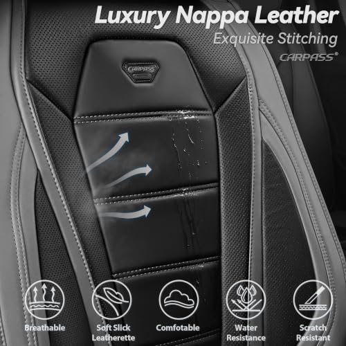 Image of CAR PASS Nappa Leather Car Seat Covers Full Set Faux Leather, Black Gray | Luxury Nappa Leather,360 Full Protection,Water resistant,3D Foam Comfort,Universal Fit for Most Cars SUV Truck,Scratch proof