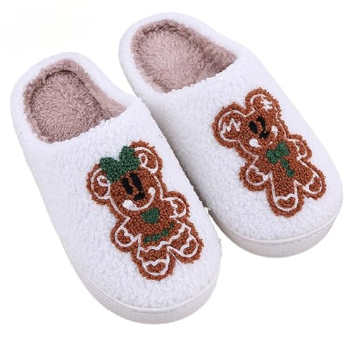 Christmas Plush Slippers for Women Cartoon Illustrated Plush Fur Slip On Warm Cozy Fuzzy Indoor Home Slipper