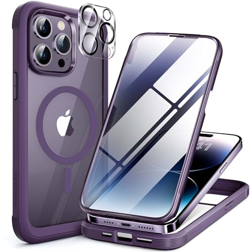 Image of Miracase Magnetic for iPhone 14 Pro Max Case 6.7 inch, (Compatible with MagSafe) Upgrade Full-Body Clear Phone Bumper Case with Built-in 9H Tempered Glass Screen Protector, Magnetic Purple