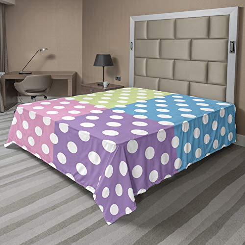 Ambesonne Polka Dots Flat Sheet, Polka Dots in Modern Patchwork Design Print Playroom Sprinkles, Soft Comfortable Top Sheet Decorative Bedding 1 Piece, King Size, Pink Blue Green