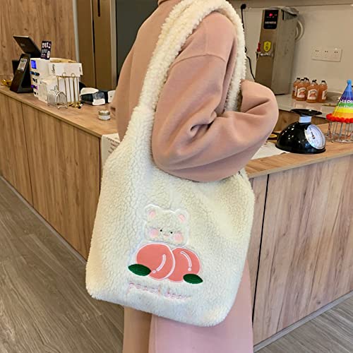 MEGAUK Women Faux Fur Tote Bag Girls Cute Bear Fluffy Shoulder Bag Plush Bag For Shopping Dating, White Lamb Velvet Peach Bear - Image 4