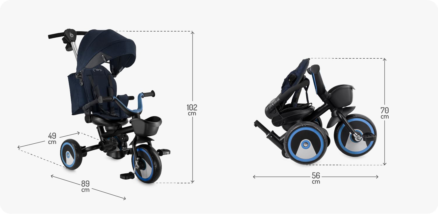 Triciclo per bambini MoMi IVI, seduta girevole 360°, cinture a 3 punti, poggiapiedi, tettuccio parasole, ruote EVA, manubrio regolabile, borsa e cestino portaoggetti
