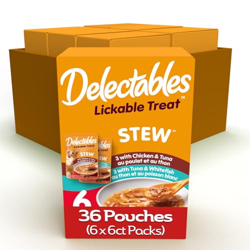 Delectables Lickable Treat Stew Wet Cat Treat Variety Pack Food Topper Hydrating Grain-Free No Fillers No By-Products No Added Preservatives 1.4oz Pouch 36 Count