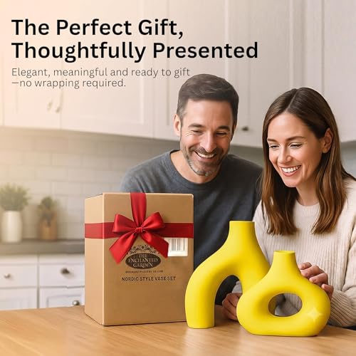 Image of PUREZENTO Abstract Yellow Ceramic Donut Vase 5.4 & 7.7 Inch - Set of 2 | Decorative Unique Modern Vase for Dried Flowers & Pampas Grass | Vases for Modern Home Decor, Living Room, Office Decor Ideas