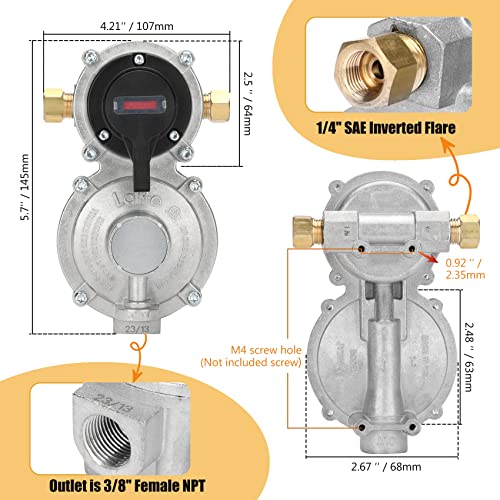 2 Stage Changeover Propane Regulator Lp Gas Regulator With Two 18" Rv Pigtail Propane Hoses With Gauge, Stainless Braided Qcc1 1/4" Inverted Male Flare For Rv 2 Tank Primary Cylinder 210,000 Btu/Hr #TOP2