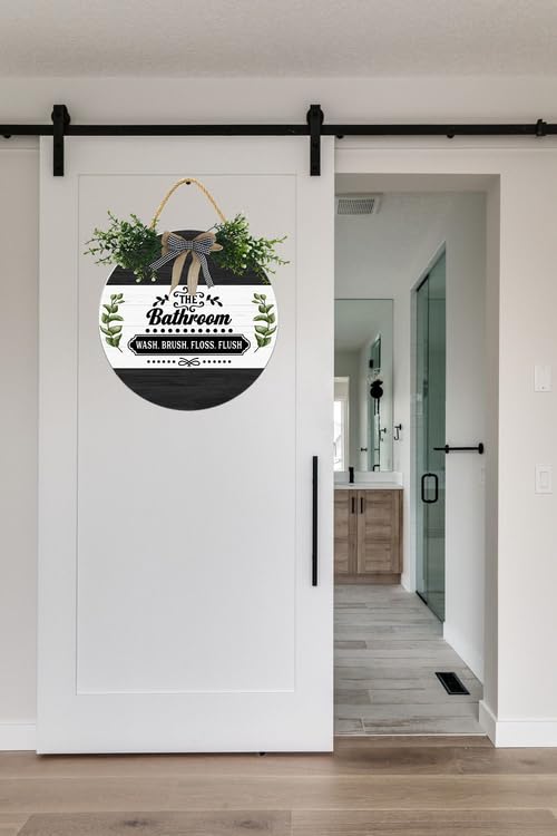 'The Bathroom Was Brush Floss Flush Sign For Bathroom Door', rustykalny okrągły drewniany wieniec, śmieszne znaki łazienkowe do drzwi, wiejskie znaki toaletowe dekoracja 30 cm