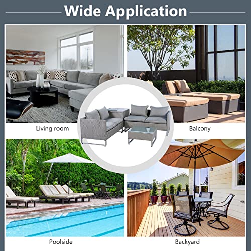 Image of DEVOKO Handwoven Wicker 4 Seater Sofa Set with Glass Top Center Table and Side Table for Living Room Conversation Set with Cushion for Home and Outdoor (Grey)
