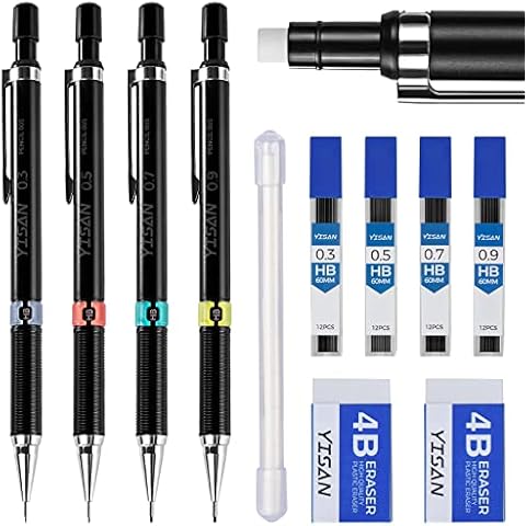 YISAN 4 Stück Druckbleistifte Set,Mechanische Bleistifte HB 0,3 & 0,5 & 0,7 & 0,9 mm,Büro Zubehör für Schule Schreiben,Zeichnen,Skizzieren,70719 Cover