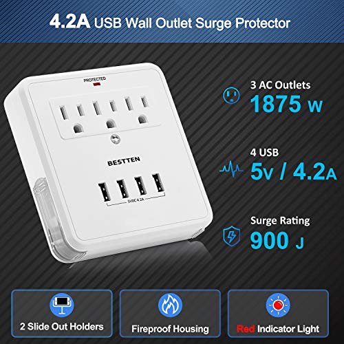 Bestten Wall Mount Surge Protector With 4 Usb Charging Ports, 3 Electrical Outlets And 2 Slide-Out Phone Holders, 15A/125V/1875W, Etl Certified, White #TOP1