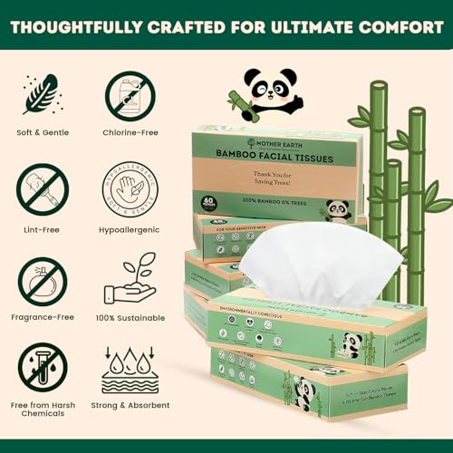 Image of MOTHER EARTH Bamboo Facial Tissue Paper - 4 Ply Tissue Flat Box, Lint-Free, Hypoallergenic, Septic-Safe, Unscented, 60 Sheets per Box, 6 Pack, Total 360 Tissues