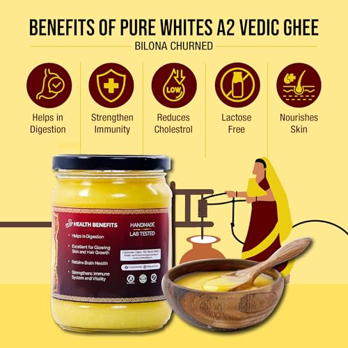 Image of Pure Whites A2 Gir Cow Vedic Ghee 500 ml Bilona Method | Better Nutrition, Digestion & Immunity Booster | Traditional and Homemade Organic Fresh Ghee | Pure, Natural & Healthy | Lactose and Gluten Free, Pure, Natural & Healthy | Rich in Omega 3 and 6