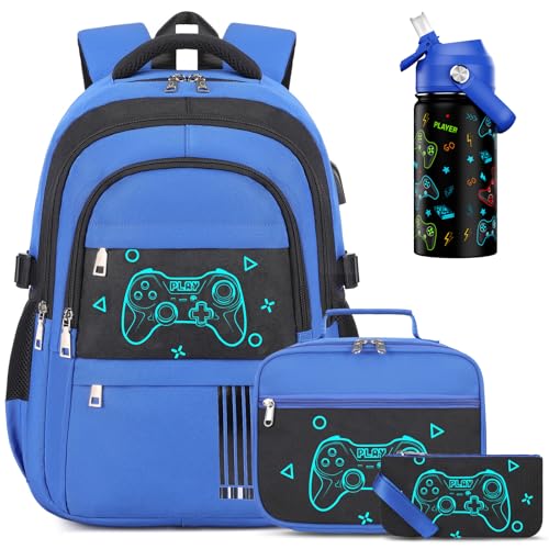 Boys Backpack with Lunch Bag Pencil Case, 14oz Insulated Bottle, BPA-FREE Double Tumbler 18/8 Stainless Steel Leak Proof Cups with Metal Straw for School Boy (Blue Game Console)