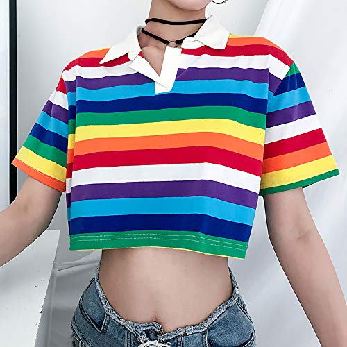 Women's Rainbow Printed Polo T-Shirt Short Sleeve Skinny Y2K Streetwear Crop Top2