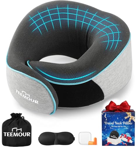 Nackenkissen Flugzeug Memory Foam Flugkissen mit 360 Unterstützung MInklusive Aufbewahrungstasche, Augenmaske, Ohrstopfer, Verstellbares Reisekissen...