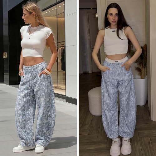 Image of EXLURA Womens Barrel Jeans Wide Leg Y2K Boyfriend Denim Pants Hip Hop Vintage Baggy Jeans Cotton Mid-Low Elastic Waist Pants