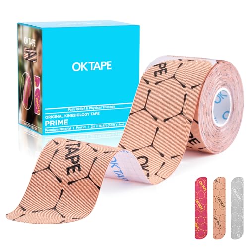 Image of OK TAPE Synthetic Kinesiology Tape Precut Strips, Waterproof Kinesiology Athletic Tape for Muscle Support and Recovery, Reduce Muscle Discomfort Tape,Durable, 2inx16.4ft Roll 20PCS | Beige