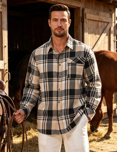 Drazivon Men's Button Down Long Sleeve Cotton Flannel Shirt Plaid Apricot L - image 2