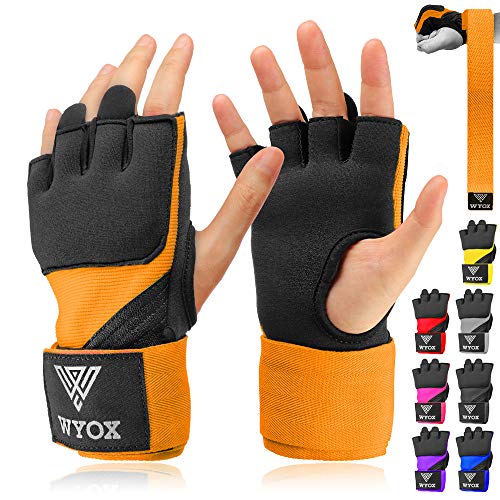 WYOX Boxing Wraps MMA Gloves Inner Boxing Gloves for Men Women Youth - EZ-Off & On - Thick Knuckle Padding - Breathable Fabric Hand Wraps Heavy Bag Gloves (Orange, S/M)