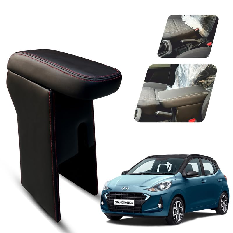 Carigiri Premium Finish Car Armrest with Storage Box And High Density Moulded Foam For Hyundai I10 Grand Nios (Models-2019-2024) (Black With Red Double Stitching,Nappa Leatherette)