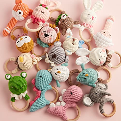 Chippi & Co Crochet Teether Wooden Rattle Ring, White Blue Teddy Bear Stuffed Animal Plush Baby Newborn Baby Boy Girl 0 3 6 Sensory Development Toy #TOP6