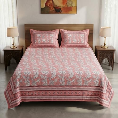 Image of Mafatlal 144 TC Pure 100% Cotton Double Bed Sheet with 2 Pillow Covers | 90 x 108 inches | Bedcover for Queen Size Bed, Jaipuri Prints | Peach Nude