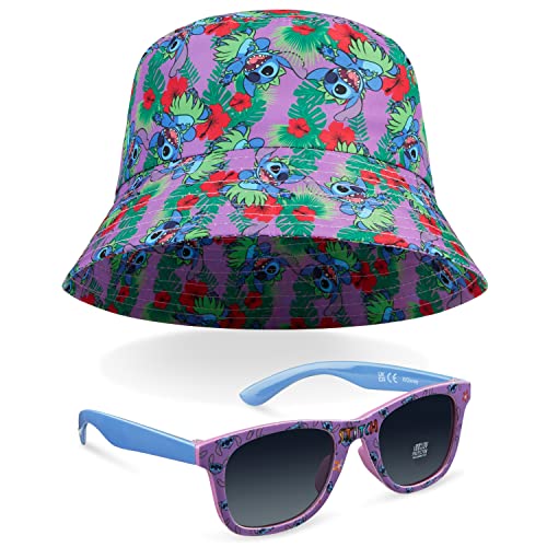 Disney Stitch Sunglasses and Bucket Hat Summer Sun Hat 100% UV Protection Kids Sunglasses Gifts for Girls (Purple/Multi)