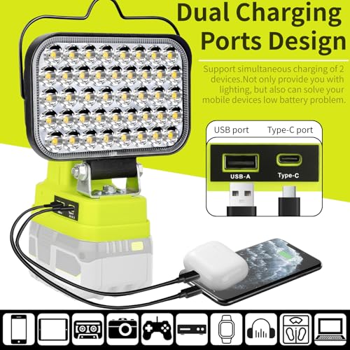 Image of Cordless LED Work Light Compatible with Ryobi 18V Battery, 90W 7000LM Flood Light with USB & Type-C, Low Voltage Protection for Garage Outdoor Job Site Lighting (No Battery)