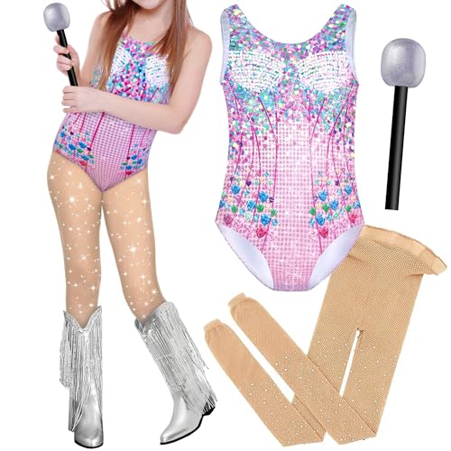 Juchuar Kids Halloween Costume – Girls Bodysuit Outfit with Toy Microphone & Stockings, Concert Tour Cosplay for Ages 5-12