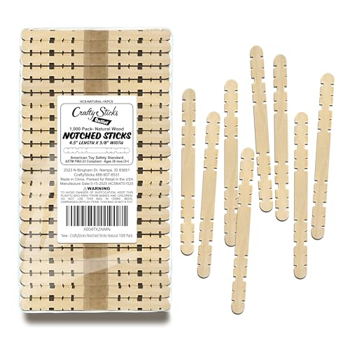 CraftySticks 1000 Pack 4.5 Inch Notched Birch Wood Craft Sticks, Interlocking Wooden Hobby Popsicle Sticks for Crafts, STEM Basics and DIY Design