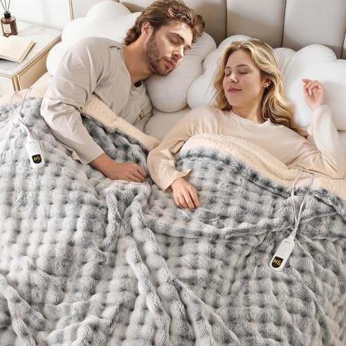 WOOMER Heated Blanket King Size 100 x 90 Luxury Faux Rabbit Fur Electric Blanket with Dual Controllers Ultra Soft Heating Blanket with 10 Heat Levels 9H Auto Off ETL Machine Washable