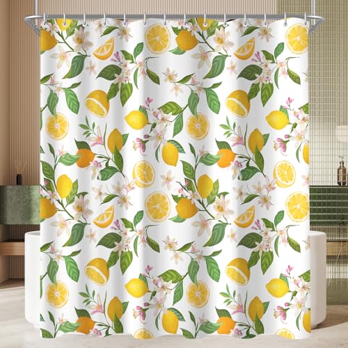 Lerores cortina de ducha 180x200cm hojas de limón, dobladillo con pesas antimoho, impermeable, lavable cortinas de baño de poliéster con 12 ojales y anillos de cortina de ducha para baño, bañera