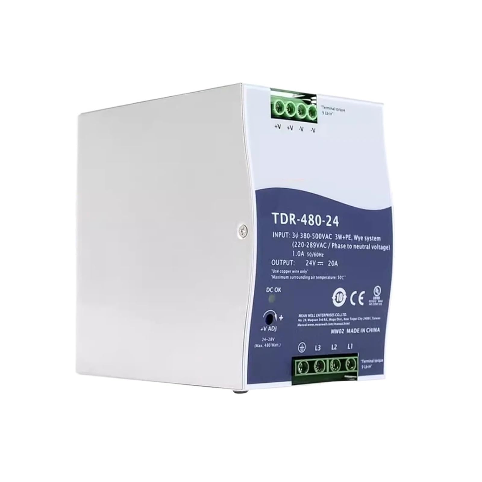 Alimentation triphasée TDR-480 rail DIN 480W convertisseur 24V 48V