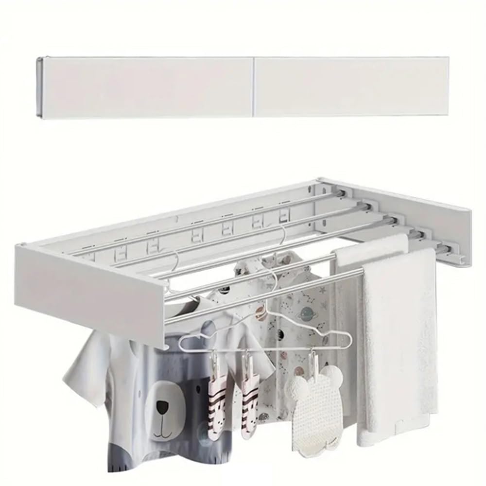 Wall Mounted Drying Rack, Collapsible Drying Racks for Laundry, Foldable Indoor and Outdoor Clothes Rack,Retractable Clothes Drying Rack, Towel Drying Rack with Wall Template (White, 5 Rods, 31.5'' )