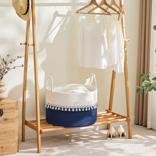 Image of KAKAMAY Cotton Rope Storage Basket (20 inchx13 inch),Woven Hamper for Blankets,Toys,Pillows,Clothes,Laundry,Sturdy Handles Decorative Basket for Living Room, Bedroom,Nursery(Blue /Blue Fringe)