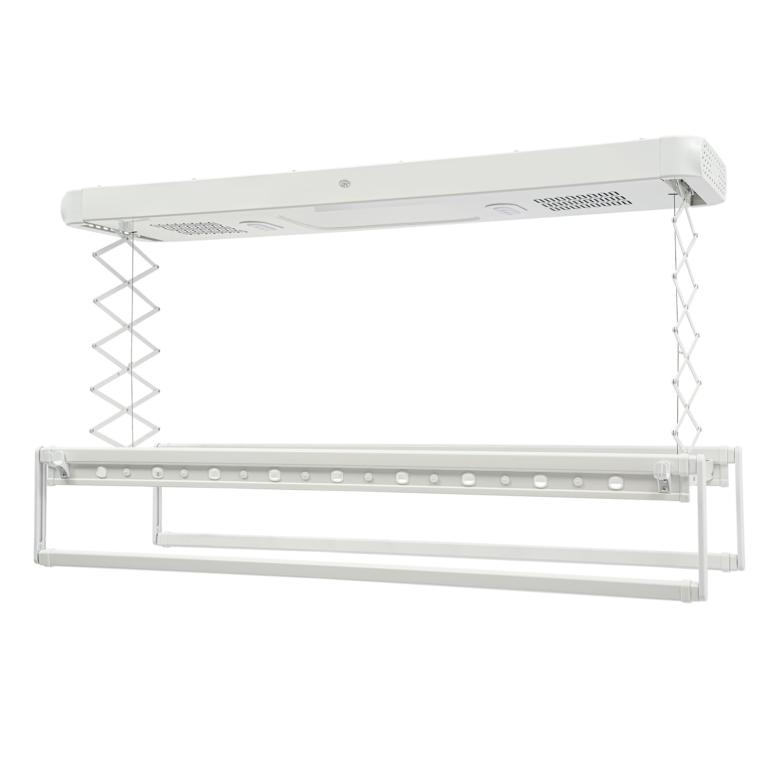 Séchoir à linge électrique de plafond avec télécommande - Lumière LED - 130-215 cm - Télescopique - Charge maximale : 35 kg - Avec ventilateur - Barre télescopique stérilisable - 220 V