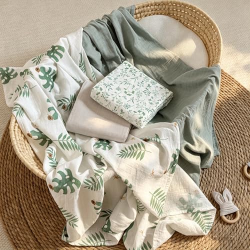 Image of POMISO Muslin Swaddle Blankets for Boys & Girls, Newborn Receiving Blankets, 4 Pack Soft Breathable Baby Swaddles, Large 47x47 Inches, Rain Forest
