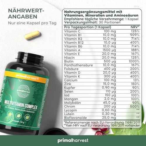 Primal Harvest Multivitamin Tabletten (30 Portionen) - Hochdosiert - Multivitamin Kapseln mit essenziellen Vitaminen - Vitamin A,C,D,K und Mineralstoffen wie Biotin,Zink,Folsäure (1 Pack (60 Count))