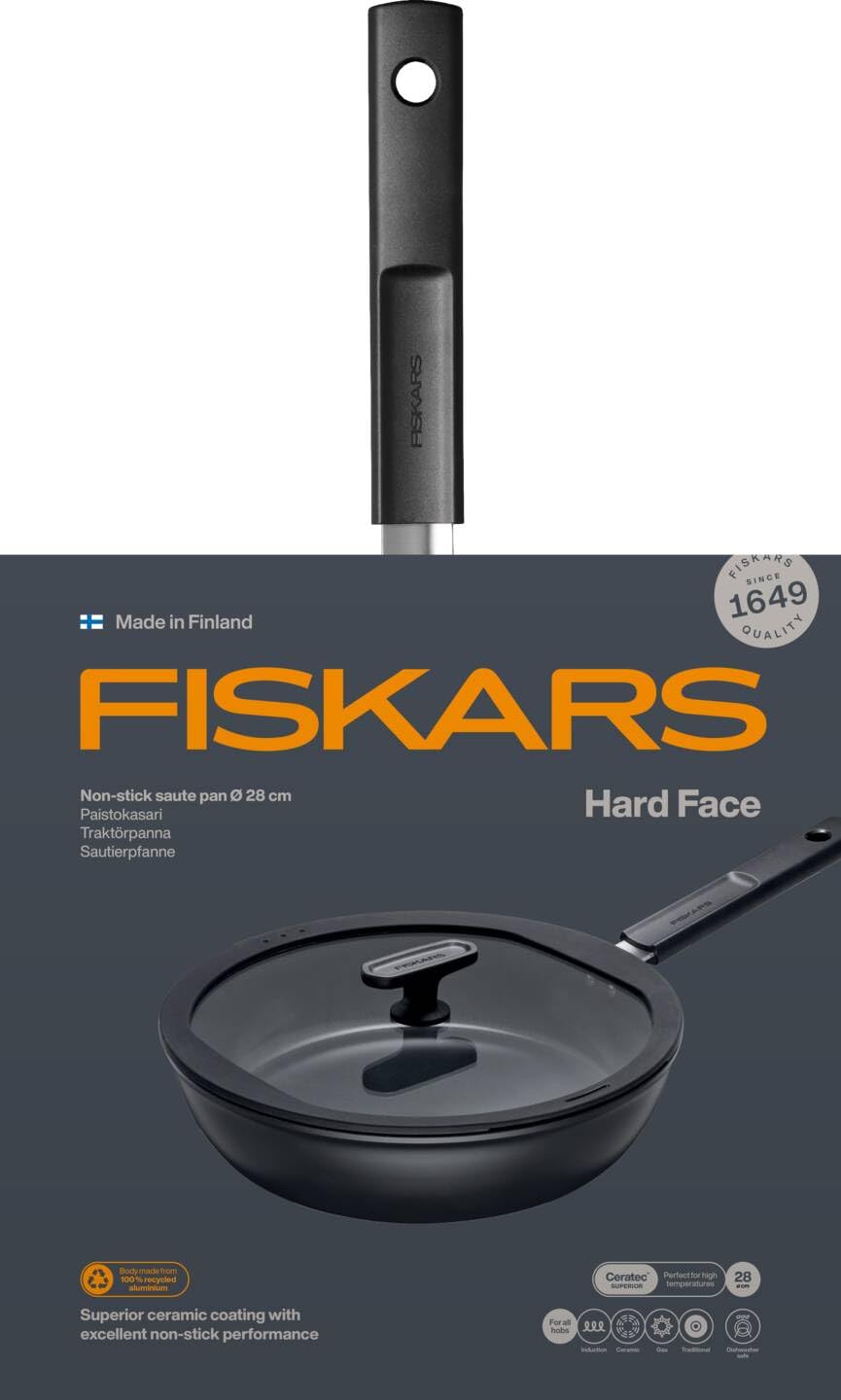 Fiskars Padella con Coperchio, Hard Face, Diametro 28 cm | Capacità: 3,5 litri, Rivestimento Antiaderente, Resistente ai Graffi, Alluminio/Plastica, Nero, 1075530