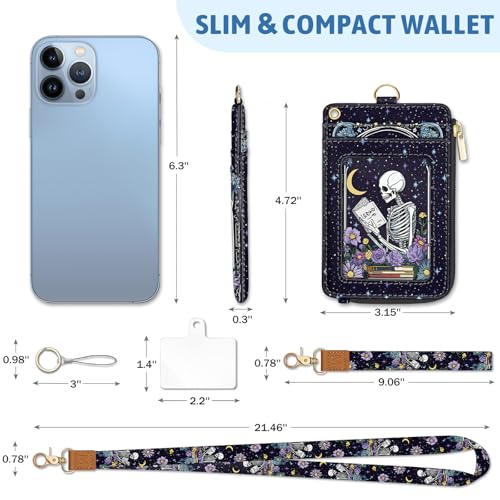 Goth Skeleton Book Lanyard Wallet with ID Badge Holder, Flowers Moon Star Small RFID Wallet Women Keychain Wristlet, Slim Credit Card Holder with Zipper Pocket Phone Lanyard Wrist Strap Office Teacher