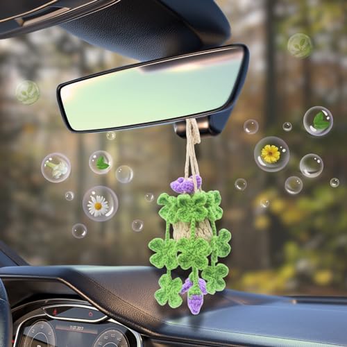 Image of ROFIGL Handmade Crochet Hanging Car Air Freshener - Lucky 4-Leaf Clover Charm with 12ml Refillable Glass Essential Oil Diffuser Bottle, St. Patrick's Day Car Accessories & Bedroom Lucky Decor