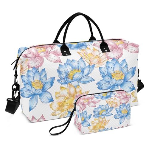 Blue and Pink Lotus Flower Travel Duffle Bag,Large Weekender Travel Bag for Women Men Waterproof Luggage Bag with Trolley Sleeve,Airplane Travel Essentials for Flying