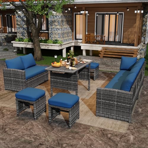 Image of U-MAX 7 Pieces Patio Furniture Set with Waterproof Cover, Outdoor Sectional Sofa Conversation Set, All Weather Wicker Rattan Dining Table & Chair with Ottoman, Grey Rattan&Dark Blue Cushion