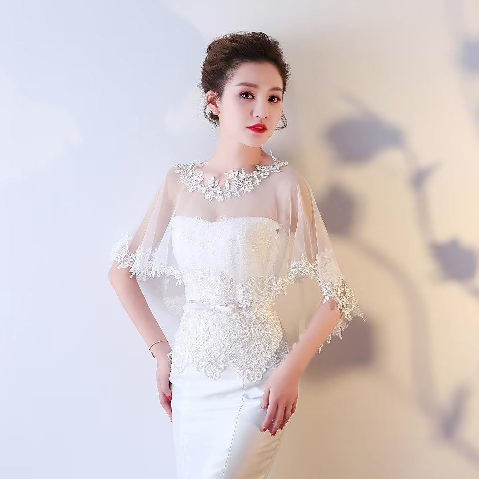 MisShow Women's Lace Appliques Shawls Wedding Bridal Cape Shoulder Covers Bolero - Image 6