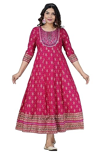 Image of Women's Rayon Embroidered Anarkali Kurti | Elegant Blue & Pink Long Kurti for Women | Premium Ethnic Wear for Diwali & Wedding | Stylish Comfortable Festive Outfit in Floral Design