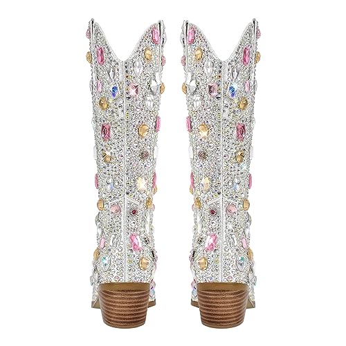 Image of Richealnana Sparkly Rhinestones Cowboy Cowgirl Style Boots Calf High Boots for Women 2INCH Heeled Shining Pull On Tabs