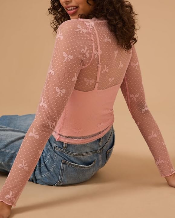 Women Lace Mesh Bow Top Long Sleeve Mock Neck See Through Shirt Polka Dot Embroidered Sheer Layering Tops - Image 2